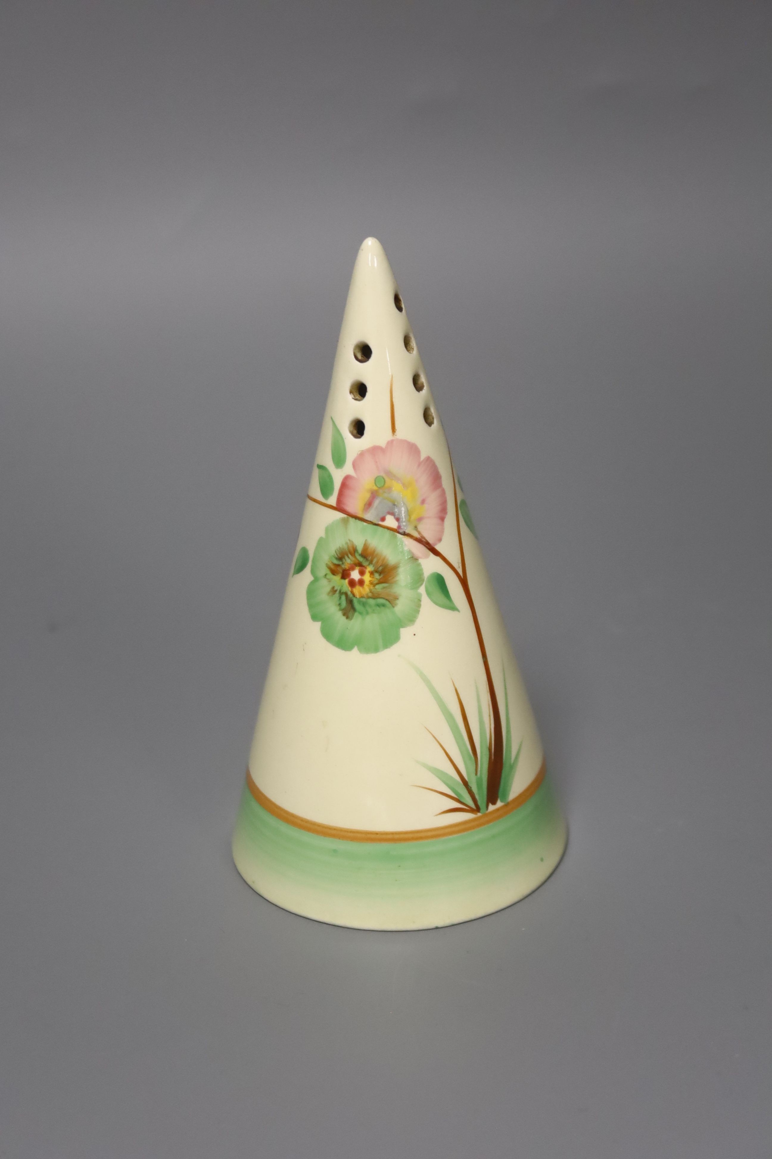A Clarice Cliff conical shaped sugar sifter, 14cm